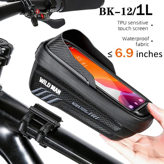 WILD MAN Bike Bag 2L Frame Front Tube Cycling Bag Bicycle Waterproof Phone Case Holder 7.4 Inches Touch Screen Bag Accessories